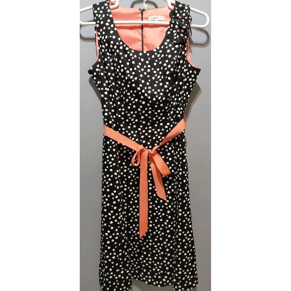 New Robbie Bee Dress Womens 14 Black Orange Polka Dot Sleeveless Rockabilly
